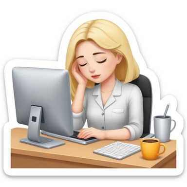 Woman dozing off at workspace with computer sticker