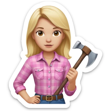 lumberjack blonde woman holding axe pink checked shirt sticker