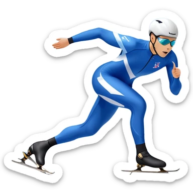 An icon showing a speed skater gliding on a professional oval ice track, captured in mid-motion with aerodynamic posture and sleek skates. The background features snowy mountains, flags, and a clear blue sky. Transparent background reflects the speed and elegance of the sport. sticker