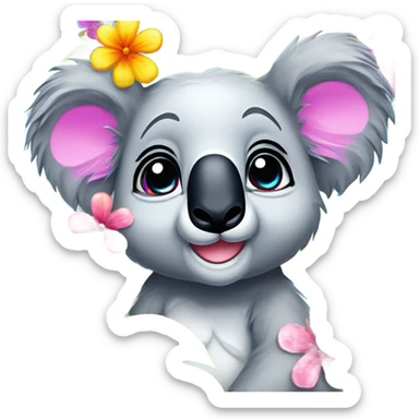 Lisa Frank koala bear with rainbow eyes with flowers sticker