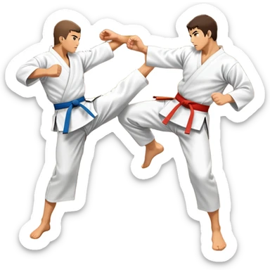 An icon symbolizing traditional Karate, featuring two opponents in a fierce battle. One fighter is delivering a high kick, while the other blocks the attack with a strong defense. The background reflects the calm yet intense atmosphere of a dojo, with traditional elements. Transparent background  sticker