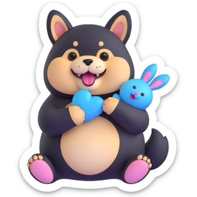 overweight black shiba inu holding a fluffy blue bunny toy by mouth, smiling, hint of cheese smell sticker
