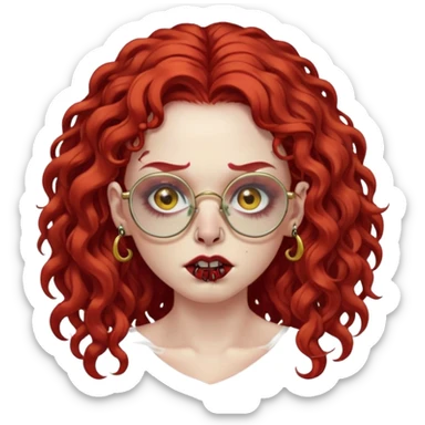zombie with long red curly hair, thick lashes, black glasses, gold nose piercings on each nostril, and a gold eyebrow piercing. sticker