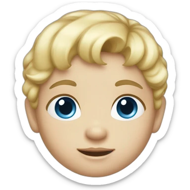 A baby with blond hair, blue eyes and a blue t-shirt sticker