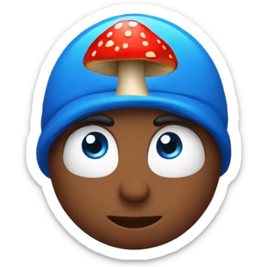 person with blue eyes and red mushroom in head sticker