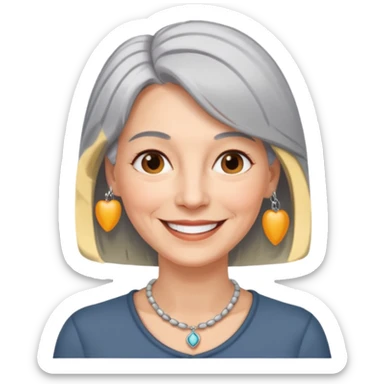emoji of a woman in her 50s, straight gray hair, wearing a necklace, warm expression sticker
