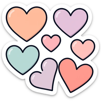 several hearts of different shapes on one canvas, icon-color-outlined style, vector look with shadows and highlights, detailed shading, thin clean outlines, soft rounded features, pastel palette #98B5BC #B5B3C1 #C9A3C9 #E4C0CA #F7DCD1 #F7C0AA, Japanese pop art, sticker look, highly detailed, transparent background sticker