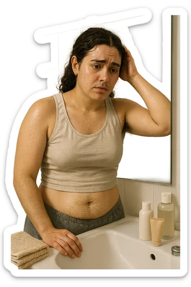 Donna tra i 25 e i 35 anni in un bagno o camerino, con espressione affaticata e leggermente imbarazzata, mentre si osserva allo specchio. È visibile una sudorazione abbondante sulla fronte e sotto le ascelle, e si notano peli più marcati su viso (mento o baffetti), addome e braccia. Indossa abiti leggeri o sportivi, e ha accanto a sé asciugamani e prodotti per la cura della pelle. Atmosfera realistica ma intima, con luce naturale e toni neutri. L'immagine trasmette consapevolezza, frustrazione e il desiderio di trovare soluzioni. Stile realistico, tono empatico e umano sticker