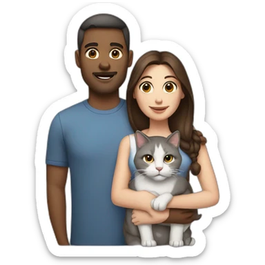 brown white man and brunette woman with a big gray cat in their arms sticker