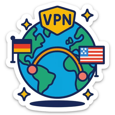VPN globe icon showing a connection from Germany to the USA, cartoon style, no text, suitable for Instagram Reel sticker