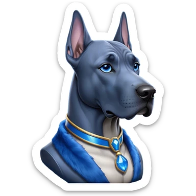 Cinematic Noble Blue Great Dane Portrait Emoji, Poised and regal, with a towering, muscular build and a sleek, well-groomed deep blue Fur, deep-set soulful steel-blue eyes, Simplified yet sharp and sophisticated features, highly detailed, glowing with a cool, dignified glow, high shine, intelligent and commanding, stylized with an air of majesty, focused and attentive, soft glowing outline, capturing the essence of a watchful and authoritative guardian, so majestic it feels as though it could stride out of the screen with effortless authority! sticker