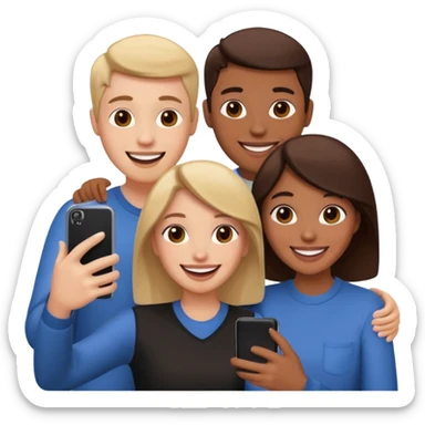 three friends holding phone selfie smiling sticker