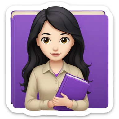 Long Hair Women with purple Book, Black wavy hair, beige shirt sticker