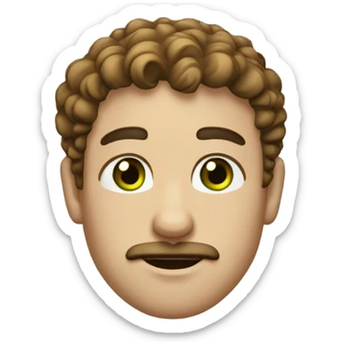 male with short brown curly hair. small green eyes, thick eyebrows, mustache, freckles, large nose and gold earring in left ear sticker