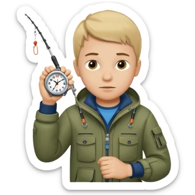 Boy in fishing suit looking at his wristwatch sticker