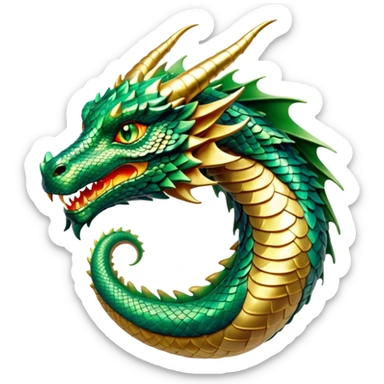 Cinematic Noble Dragon Portrait Emoji, Poised and majestic, with a sinuous, elongated body covered in intricately detailed, shimmering scales in hues of emerald and gold, and piercing, fiery eyes that reflect ancient wisdom; rendered with lifelike texture and natural highlights, high shine, intelligent and formidable, styled with an aura of mythic power, focused and attentive, soft glowing outline, capturing the essence of a legendary dragon that appears ready to soar out of the screen with timeless authority! sticker