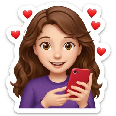 Girl with wavy brown hair and hazel eyes Looking at phone and in love and she is excited and hot with hearts sticker
