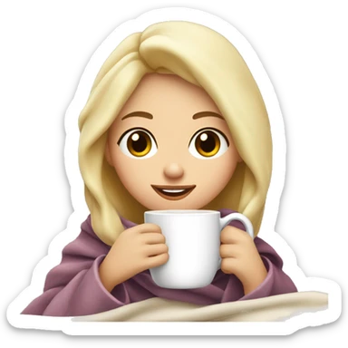 pretty blonde girl fully wrapped in big blanket drinking hot chocolate with marshmallows  sticker