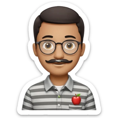 young Pakistani shopkeeper, short dark hair, round eyeglasses, thick black mustache, light grey striped shirt with collar, cheerful and welcoming, Apple emoji style, clean and detailed, no background sticker