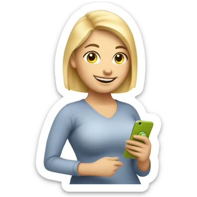 overweight blondie woman happy with a smartphone in hands showing charts sticker