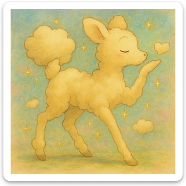 Add a soft pastel background behind the dreamy cream yellow Ghibli-style cloud doe with sparkles, blowing a kiss. sticker