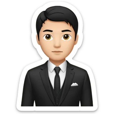 Asian man, black hair, dark eyes, wearing a designer black suit sticker