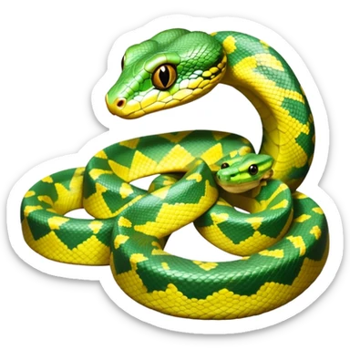 cinematic-green tree python-realistic-full-body-coiled-emoji,-thick-scaled-body-looped-tightly,-intricate-yellow and white-patterned-scales-reflecting-light,-head-tilted-dramatically,-cute-eyes-staring-calmly,-simplified-yet-realistic-focused-feature sticker