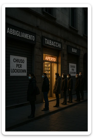 a deserted city street with all shops and businesses shuttered, their windows covered with “Chiuso per Lockdown” signs. In contrast, a brightly lit tobacco shop stands open, with a glowing “Aperto” sign and people lined up outside, all wearing masks. The mood is somber and critical, highlighting the paradox. sticker