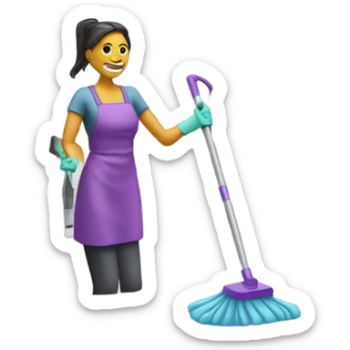 Woman cleaning kitchen with mop and purple cleaner sticker