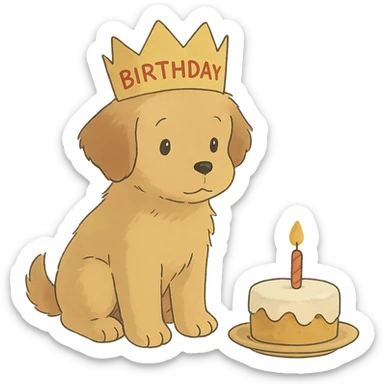 puppy with a birthday crown sitting beside a mini cake, soft Ghibli style sticker