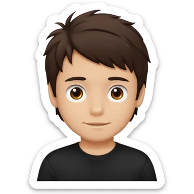 a light tan boy with messy dark brown hair. Wearing a black tshirt sticker