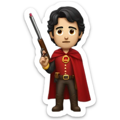 dark-haired man with a cigar a big shotgun and a red cape sticker