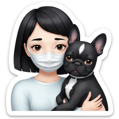 girl with short black straight bangs hair wearing a white mask and hugging one black French bulldoge  sticker