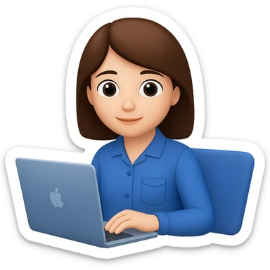 Change hair to brown, right hand forward to the front, keep blue clothes, hand on laptop. The style should resemble emoji style with no background. sticker