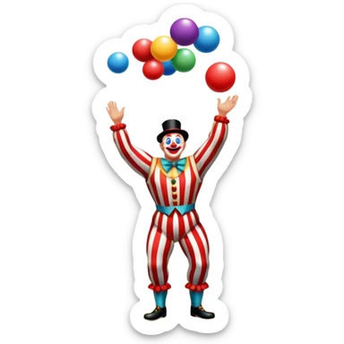 Icon for Circus Arts: a vibrant circus arena with a strongman in a striped costume, a juggler tossing colorful balls, and a clown. The icon should represent the energy and entertainment of the circus, with emphasis on performance and spectacle. Transparent background. sticker