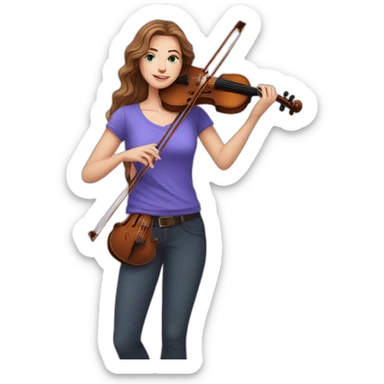 White female long brown wavy hair, vivid blue eyes, purple shirt, holding a violin, standing in a garden, with laptop sticker