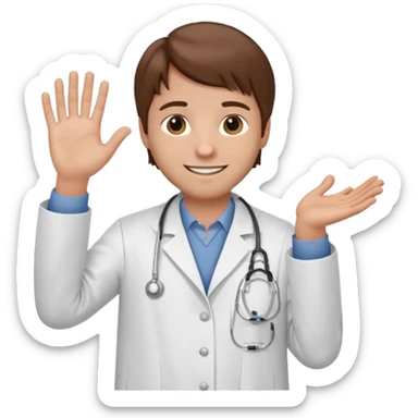 Radiografía de mano sostenida por un hombre con bata blanca  piel clara cabello café saludando sticker