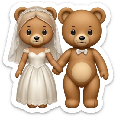 Teddy bear wearing white wedding dress holding the hand to another teddy bear wearing nothing.  sticker