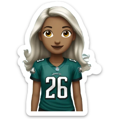 Whited skinned girl with brown hair wearing Philadelphia eagles jersey with number 26 sticker