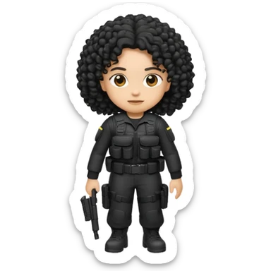 emoji dressed in black, curly hair, light skin, and tactical gear  sticker