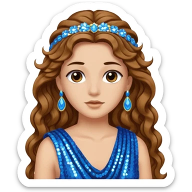 Hera from Greek Gods with long brown wavy hair, blue sequin toga sticker