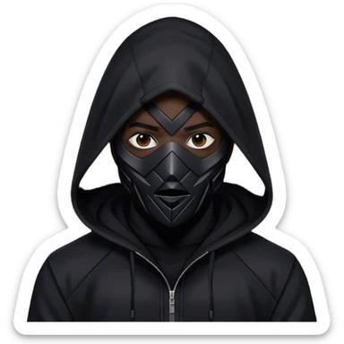 man with black hooded jacket and a full-black full-face geometric mask sticker