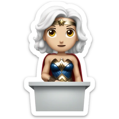 white skin wonder woman behind a podium giving a sad speech sticker