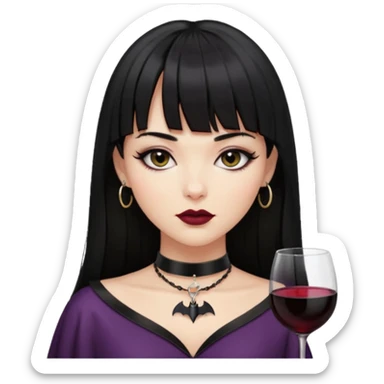 mulher cabelos pretos longos e lisos com uma franja curta acima dos olhos, olhos pretos com delineado, expressão séria, com um sorriso sensual e lábios cor de vinho, ela usa uma gargantilha preta com um pequeno pingente de morcego preto sticker