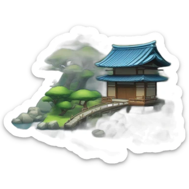 A lakeside island with a shinto gate and small Japanese house with a blue tiled roof sticker