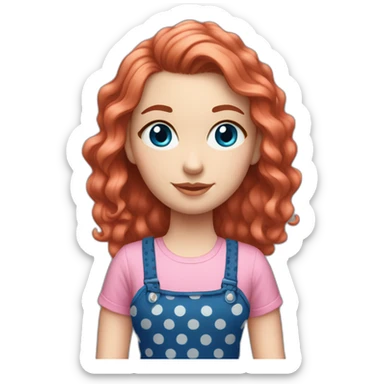 white girl with red wavy hair and blue eyes. she's wearing a black polka dots strap dress, with a pink t-shirt underneath. sticker