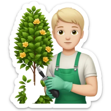 white kid trimming a decorative bush sticker