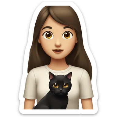 A girl with brown hair and brown eyes and bangs holds a black cat in her hands and looks at her sticker