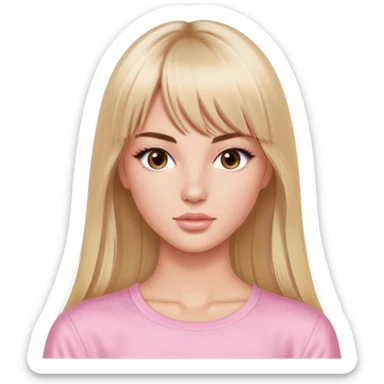 victoria’s secret model, very long straight blonde hair parted in the middle with bangs, almond-shaped brown eyes, brown eyebrows, oval face, soft pink top sticker