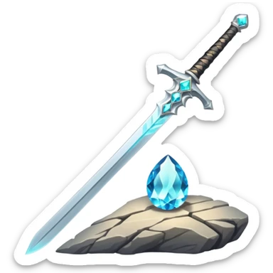 Shining silver sword with jeweled hilt, stuck in a stone, glowing aura.  sticker